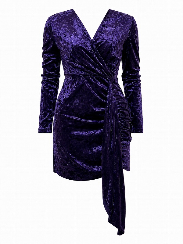 【新品DRESS 200】カシュクールウエストスカーフ風フリルベロアタイトミニドレス パープル【VANESSA SCOTT】